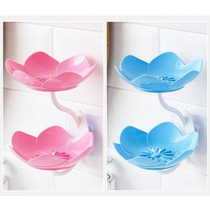 2 Pack Soap Dish Holder for Shower Bar Double Layer Cute Lotus Shape Adhesive Tray Sink Wall Mounted Shampoo NO-Drilling Self Draining Hanging Saver Rack Plastic Bathroom Bathtub Kitchen,Pink+Blue
