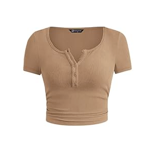 Womens Summer 2025 Ribbed Knit Button Short Sleeve Top (Khaki,Large) Womens Summer 2025 Ribbed Knit Button Short Sleeve Top (Khaki,Large)