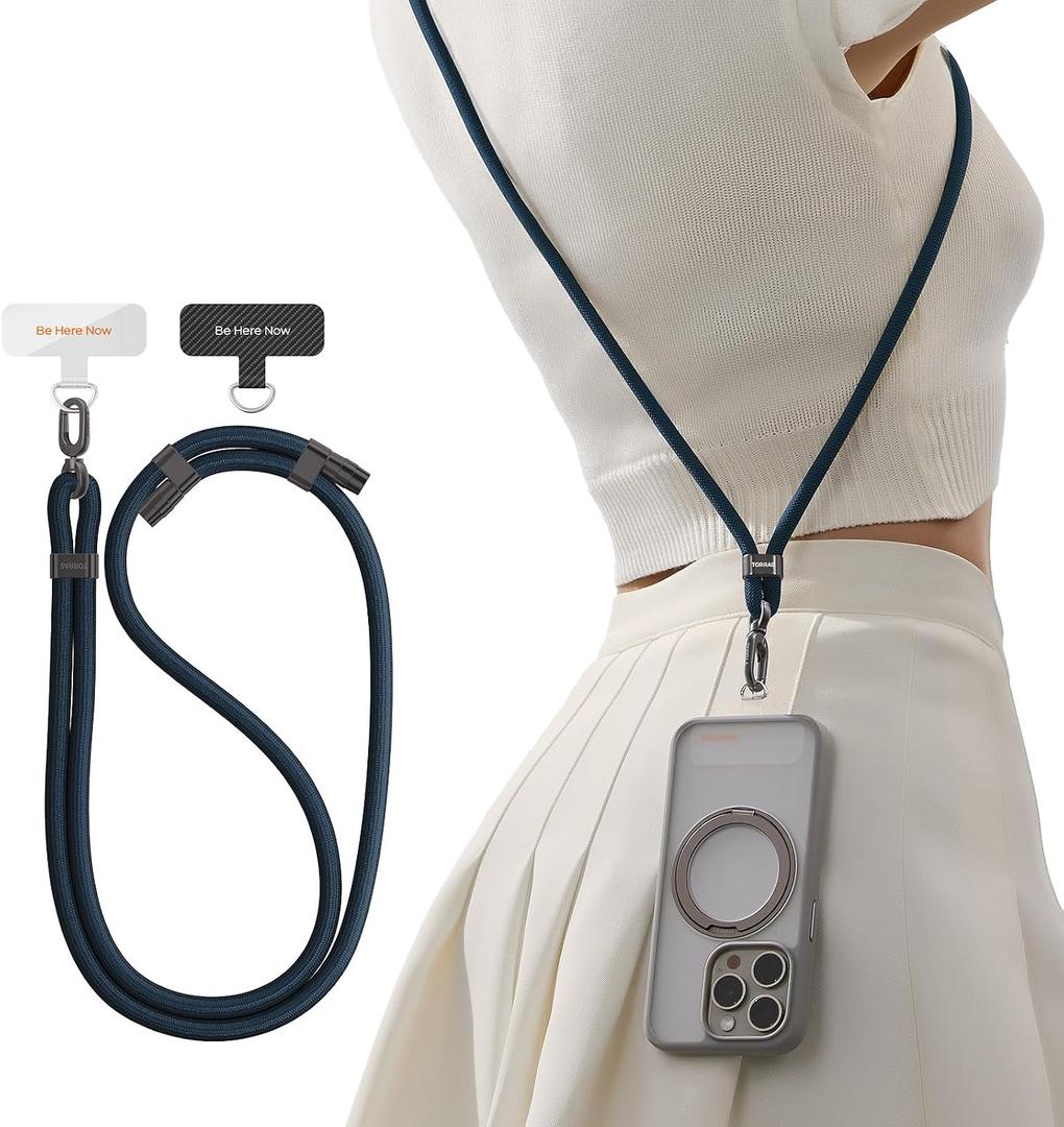 TORRAS Phone Lanyard Crossbody with 2 Phone Tabs, Adjustable Anti Theft Strap for All Cellphone, Premium Metal Buckles, Skin-Friendly, Universal Cellphone Neck lanyard for Travel Essentials, Deep Blue