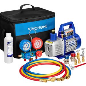 VIVOHOME 110V 1/4 HP 3.5CFM Single Stage Rotary Vane Air Vacuum Pump and AC Manifold Gauge Set Kit with Thermometer for R134a R12 R22 R502 R410a HVAC Air Conditioning Refrigeration Recharging (blue)