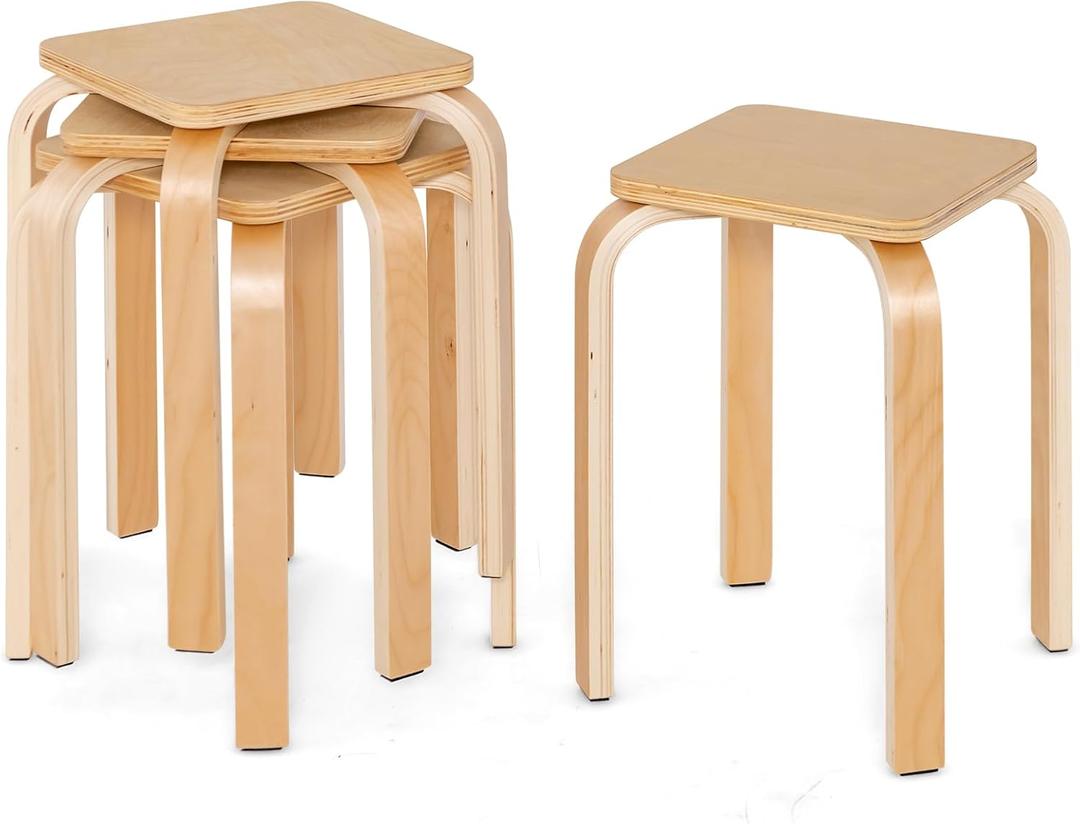 GOFLAME Stackable Wooden Stools Set of 4, Backless Chairs with Square Top, Anti-Slip Felt Mats, Portable Seating for Classroom, Office, Dinning Room, Living Room, Kitchen, Bar Counter, Natural