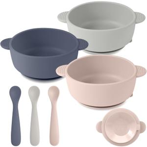 Silicone Baby Feeding Set, 3 Pack Baby Bowls with Suction and 3 Pack Baby Spoons for Babies Toddlers Kids, BPA Free, Baby Utensils Feeding Supplies, Microwave and Dishwasher Safe (Gray)