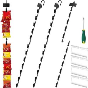 Hanging Merchandise Strips with Hooks, Pack of 4  31Chip Rack with 12 Clips, Chips Holder, Hanging Display Strip for Retail Displaying (Black)