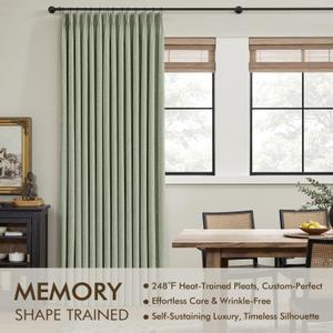 Sage Green Pinch Pleated 100% Blackout Linen Curtains for Bedroom, Room Darkening Light Blocking Window Curtains for Living Room, 3x3 Ft