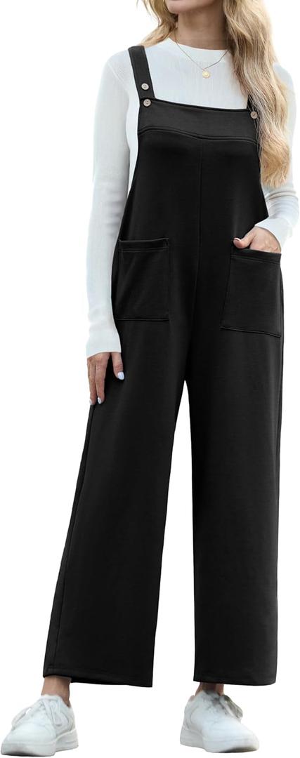 IWOLLENCE Jumpsuits For Women Boho Overalls Casual Long Bib Loose Women's Rompers with Pockets 2025 (X-Large, 1 Black)