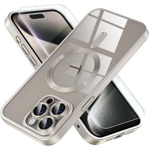 Misea Magnetic for iPhone 15 Pro Case [Never Yellowing] [Military Grade Drop Protection] Full Camera Lens Protector Soft Clear Phone Case for Women Girls, Titanium Natural