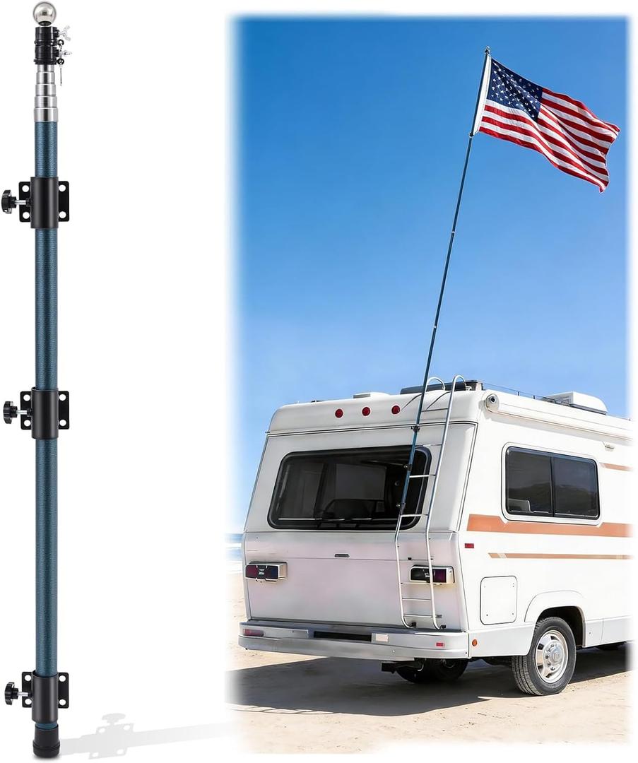 20 ft RV Telescoping Flag Pole Kit, Fiberglass Ladder Telescopic Flag Pole Adjustable Heavy Duty Portable Flagpole for Tailgate Party, Camping, Trailer, Camper, Outdoor Patriotic Display