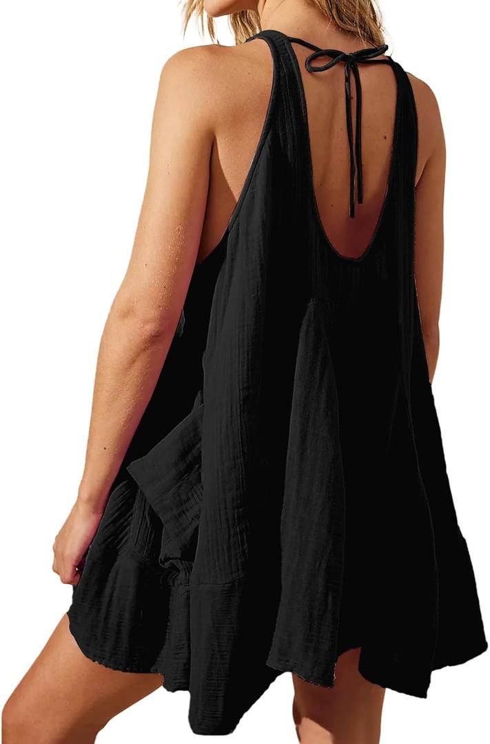 Women Casual Summer Dresses Sleeveless Crew Neck Backless Tunic Mini Dress Loose Flowy Tank Sundress with Pockets (Black, L)