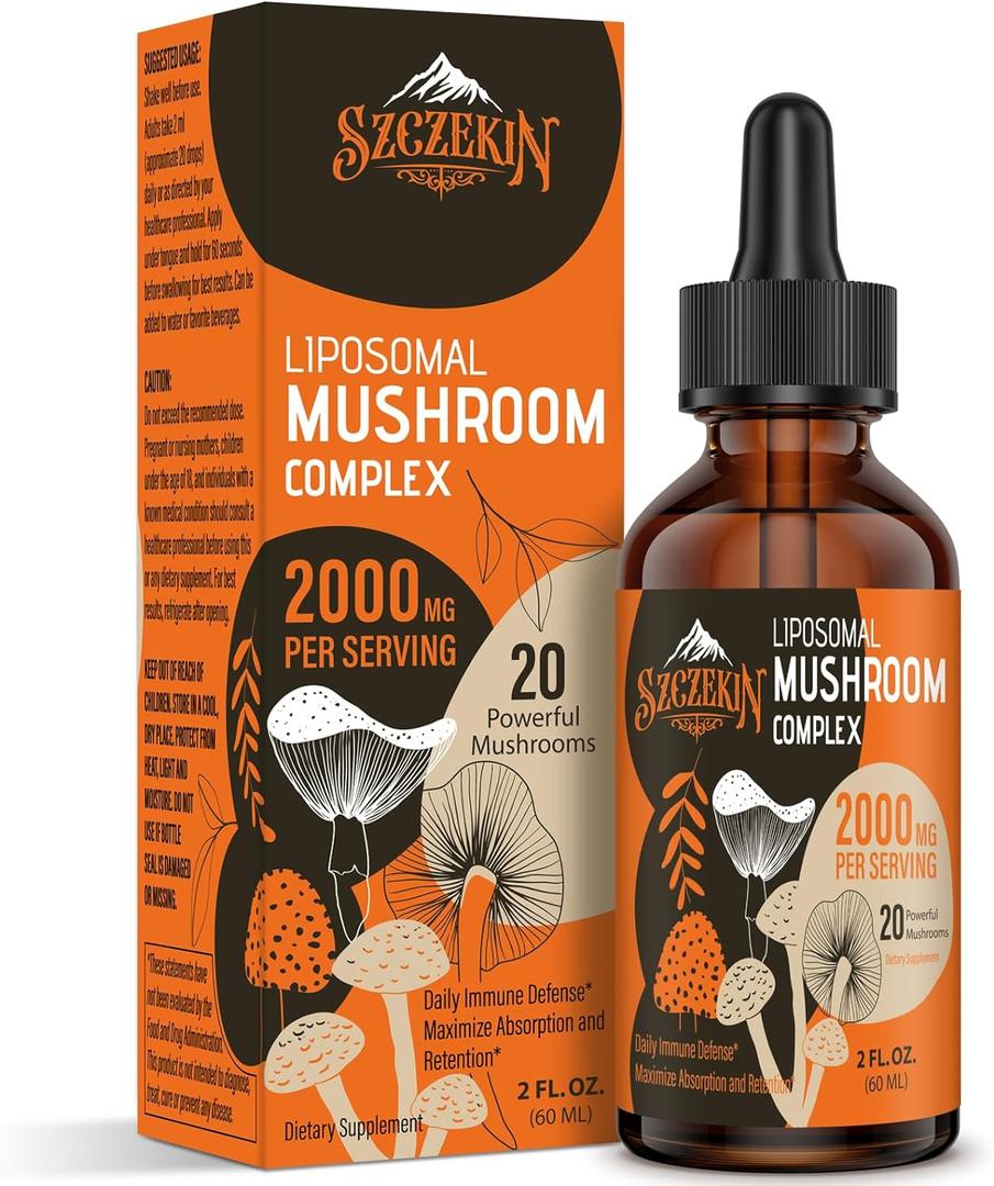 Liposomal Mushroom Complex Drops 2000 MG - 20 Organic Mushroom Extracts - Advanced Liquid Formula for Immunity, Cognitive and Memory - Lions Mane Supplement, Reishi, Cordyceps, Chaga, 30 Servings (2 Fl Oz (Pack of 1))