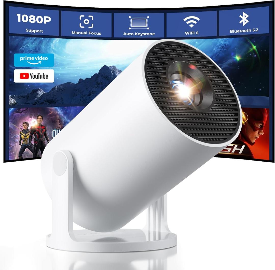 CLOKOWE Mini Projector with WiFi and Bluetooth, Built-in Apps, Smart Portable Projector with 180 Rotation, Auto Keystone, Support 1080P, Compatible with HDMI/USB/TV Stick/Smartphone/Laptop (White)