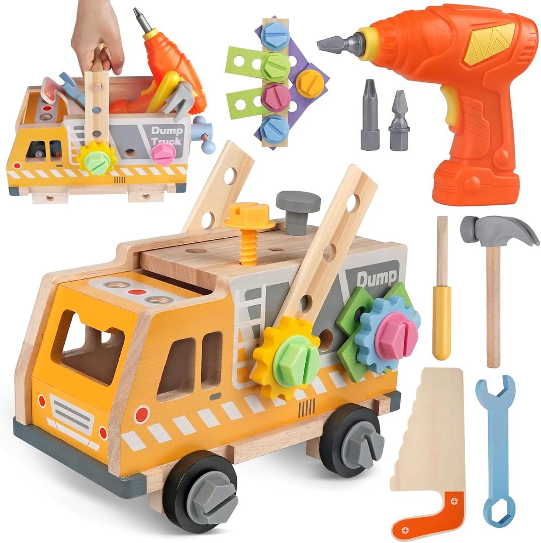 Aliex 38PCS Kids Wooden Truck Tool Set with Toy Drill for Toddlers Ages 3 4 5 6,Montessori STEM Educational Learning Construction Workbench Pretend Play Tool Kit,Birthday Sensory Gift for Boys Girls