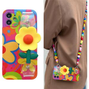 Flower with Lanyard Neck Strap Silicone Phone Case for iPhone 17, 16, 15, 14, 13, 12 Series, Crossbody Case with Lanyard and Wristband Kickstand (Sunflower,for iPhone 17 Pro)