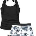 Girls Swimsuit 2 Piece Halterneck Girls Tankini Swimsuit Drawstring Printed Swim Shorts Girl Bathing Suit for 7-16T (17-18 Years, Black)