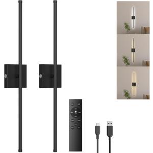 Battery Operated Wall Sconce with Remote Control, Magnetic Black Rechargeable Wall Sconces Set of Two, Led Dimmable Wireless Wall Light for Living Room, Bedroom, Hallway,28 Inch (2 Pack)