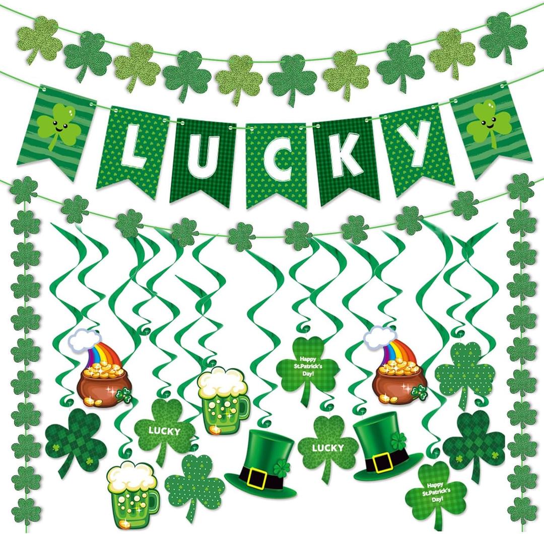 33PCS St Patricks Day Decorations Pre-Assembled St. Patrick's Day Lucky Banner Shamrock Garlands Hanging Swirls Clover Irish Decor Saint Patrick Day Party Favor