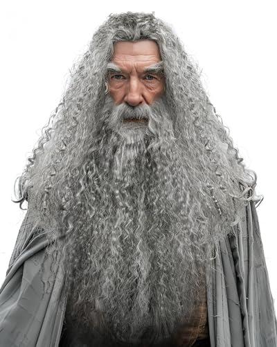 JEGERMIG Grey Wizard Curly Wig and Beard Christmas Funny Cosplay Santa Claus Costume Accessory for Adults