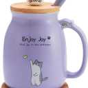 Feify Cute Cat Cup Ceramic Coffee Mug with Kawaii Cat Wooden Lid, Lovely Stainless Steel Spoon, Anime Kitty Thicken Wooden Coaster, Christmas Birthday Cute Thing Japanese Mug 16oz (Purple)