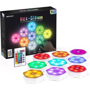 Merkury Innovation Hex Glo Touch Activated Multi Color LED Lights | Modular, Touch-Sensitive and Remote-Controlled RGB Lighting | Aesthetic Room Decor | 16 Colors | 9 Pack