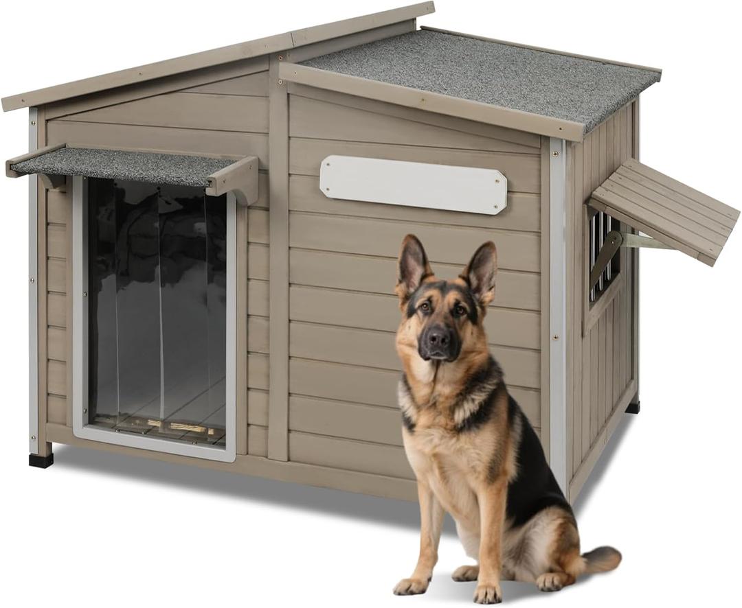 Large Outdoor Wooden Dog House, Weatherproof Dog Houses with Adjustable Vent Windows, Alloy Chew-Resistant Frame, Removable Floor for Medium & Large Dogs, (43.5" L x 29.5" W x 33.5" H)