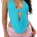 Floerns Women's Y2k Going Out Clubwear Halter Top Tie Backless Draped Cowl Deep V Neck Ring Top Cut Out Party Halter Tops (X-Large, Blue)