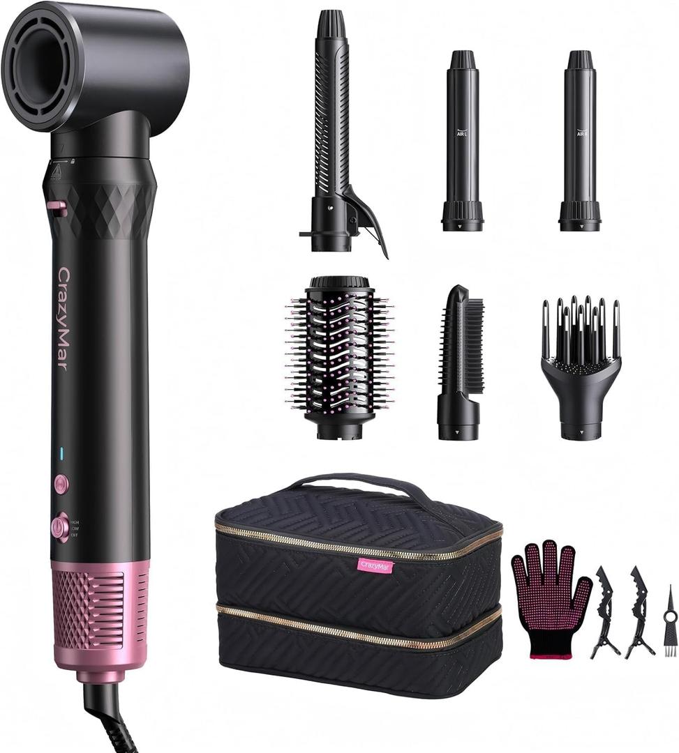 Crazymar airwrap Hair Styler, Fast Drying Blow Dryer & Curling StylingTool, Hot Air Styler No Heat Damage, Hot Air Styler Wrap for Curling Volumizing Straightening Styling (Black and Pink)