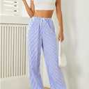 Women's Striped Print Straight Wide Leg Linen Pants Drawstring Waist Slant Pockets Pants Casual Long Pants (Blue, XL)