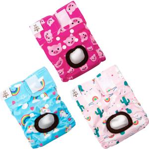 CuteBone Dog Diapers Female Washable Small 3 Pack Reusable Doggie Diapers Puppy Period Pants for Doggy Heat Cycle Peeing (Unicorn&pig&sheep, S)