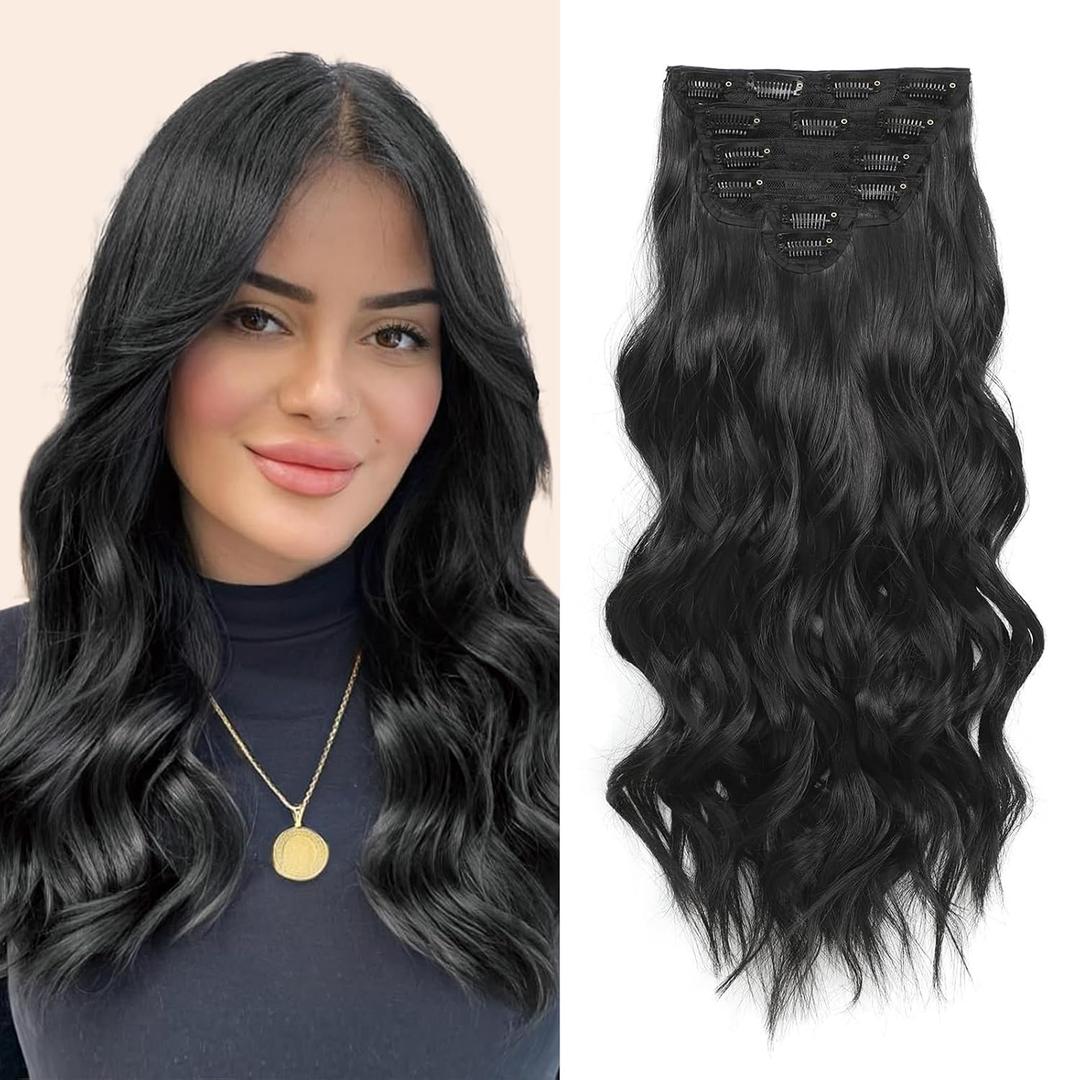 Fliace Synthetic Clip in Hair Extensions, 6 PCS 1 6 Inch Hair Extensions Clip Ins, Black Long Wavy Hairpieces(16inch, 6pcs, Black)