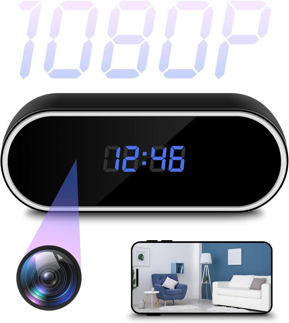Hidden Camera WiFi 1080P HD Camera Clock Indoor Wireless Small Nanny Cam with Motion Detection, Night Vision for Home and Office Security, No Audio