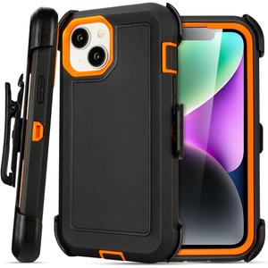 for iPhone 14 Case with Clip Belt Holster, Heavy Duty Military Grade Drop Protective Case for iPhone 14 6.1 case (Black+Orange)