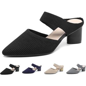 Women's Knit Pointed Toe Chunky Heel Mules Fashion Mesh Breathable Closed Toe Backless Block Heel Slip On Dressy Pumps Summer Casual Work Office Wedding Heeled Sandals (41)