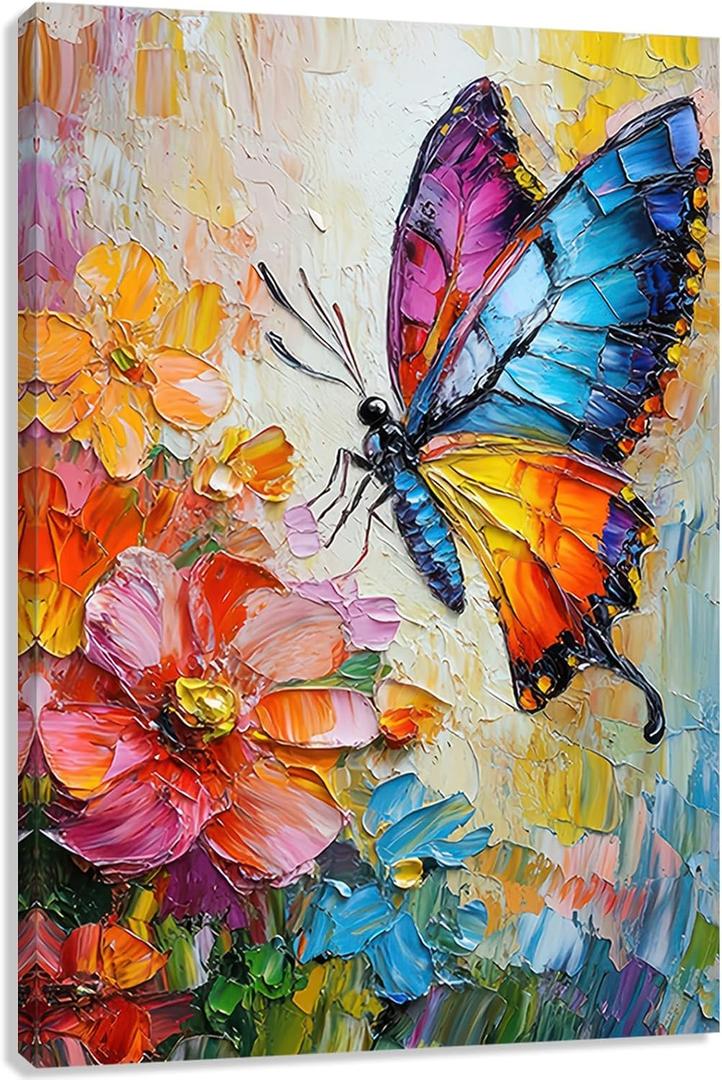 Colorful Butterfly Canvas Wall Art, Colorful Butterfly and Flower Painting Poster Wall Decor, Take Nectar on Flowers Picture for Living Room Bedroom Bathroom Home Decoration12*18 in (Stretched Canvas on A Wooden Frame)