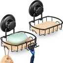 HASKO 2 Pack Suction Cup Soap Dish for Shower Wall, Rustproof Stainless Steel, Shower Soap Holder with Hooks, Includes Optional No Drill Adhesive Mount for Bathroom, 2 Soap Savers, Black