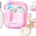 for Airpods 4 Case Clear,Cute Soft TPU Clear Case Cove for Apple Airpods 4th Generation Case (2024) with Cleaning Kit Lock & Bling Keychain, Phone Holder Function (Pink)