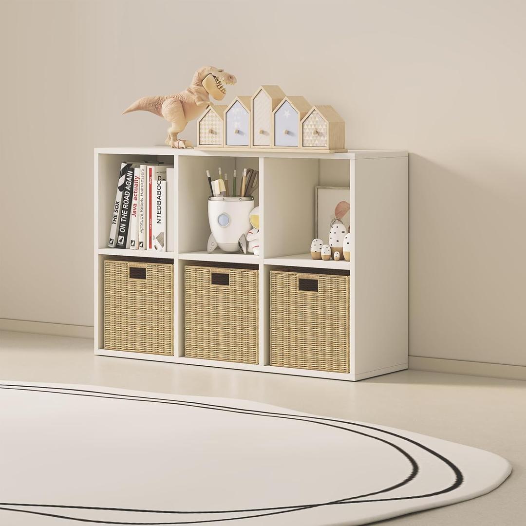 Wood Cube Storage Organizer Closet Cabinet for Living Room Bedroom Study Shelf Bookcase Wooden Floor Standing Open Bookshelf for Kids Home Office Display Storage Cabinet (White, 6-Cube, 11.81in)