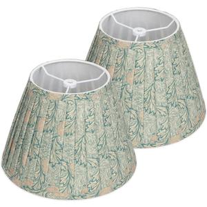 Sage Green Empire Pleated Lamp Shades Set of 2, 5" x 9" x 6.2" Small Vintage Leaves Print Fabric Lampshades for Table Lamps, Spider Fitter Replacement Lamp Shades, Assembly-Free