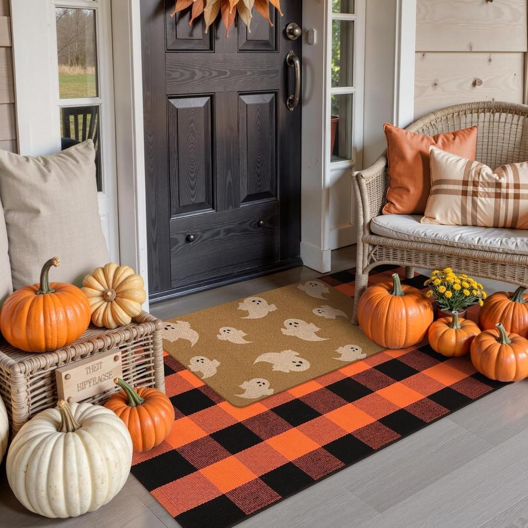 OJIA 2PCS Fall Door Mat Combo Set Halloween Doormat, 3'x5' Black and Orange Buffalo Plaid Rug and Imitation Coir Fall Doormat, Autumn Welcome Mat Outdoor Porch Decor Thanksgiving Front Door Mats