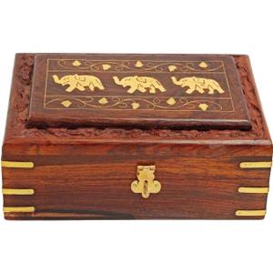 TOSQP27 Gift Jewelry Box Brass Elephant Inlay Hand-Carved Rosewood 8-Inch Wooden Keepsake Storage Box Velvet Lined Gift for Women, Girls, Mom Artisan Made Organizer