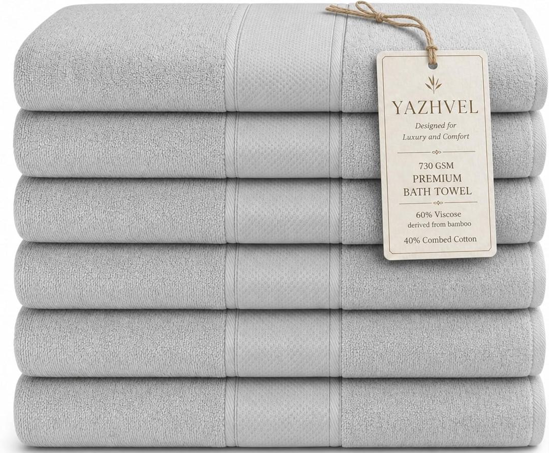 Terry Bath Towel 30 x 60 in – 60% Viscose Derived from Bamboo 40% Cotton – Pack of 6 – Grey - 730 GSM Plush & Soft Feel - Oeko-TEX Certified - Spa-Luxe Drying Comfort - Hotel-Style