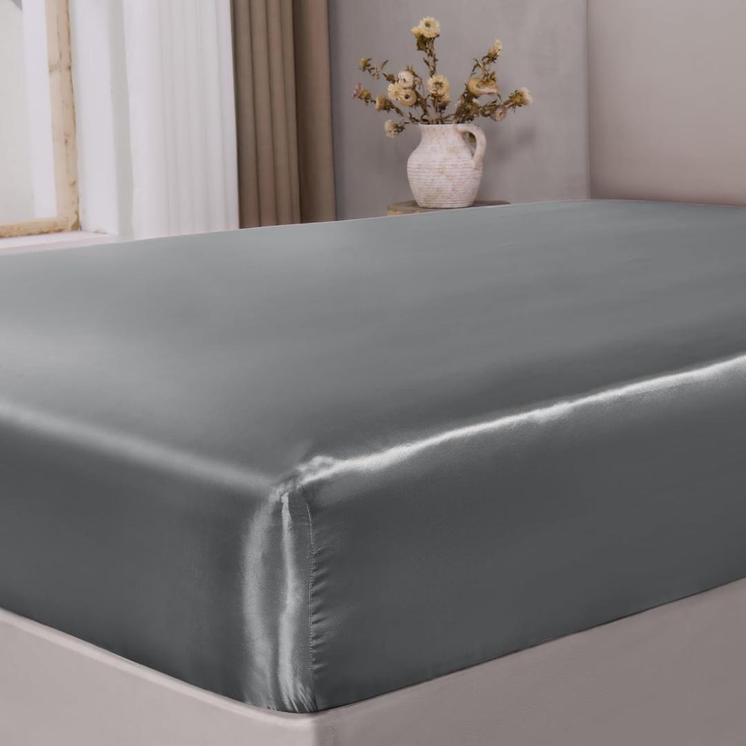 BEDELITE Satin Fitted Sheet King with Elastic Corner Straps, Luxury Soft Silk-Like Bed Sheet for Hair & Skin, 1 Deep Pocket Fitted Sheet Only Fits 15" Mattress, Fade & Wrinkle Resistant, Dark Grey