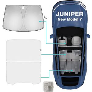 BestEvMod 3PCS Windshield&Roof Sunshade Compatible with 2026 2025 Tesla New Model Y Juniper Foldable Sun Shade Accessory Heat UV Protection Visor Accessories with Storage Bag (Roof+Windshield, Gray)
