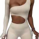 LuFeng Women's Sexy Cut Out One Shoulder Long Sleeve Jumpsuit Short Bodycon Romper Clubwear (M)
