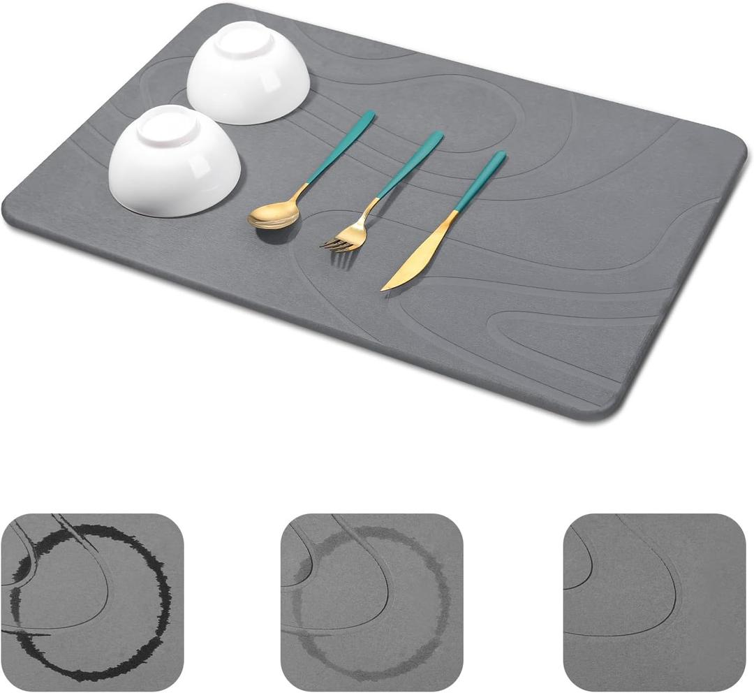 Snuggery Large Stone Drying Mat for Kitchen Counter - 24"x16" Dirt-Resistant Quick Drying Fast Absorbent Non-Slip Diatomite Mat, Natural Diatomaceous Earth Dish Drying Pad for Dish Rack(Dark Grey)