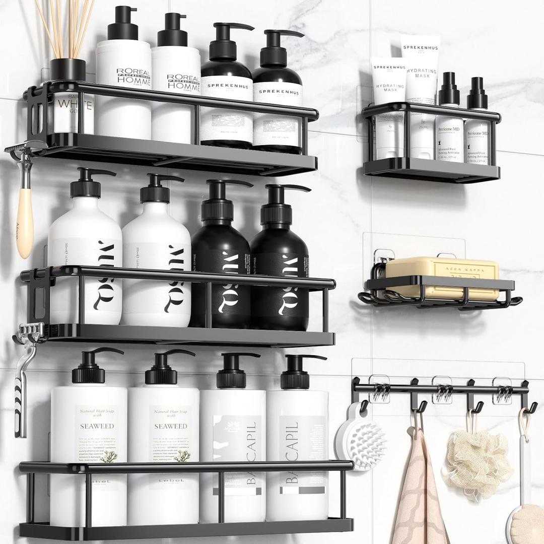 YASONIC Shower Caddy 6 Pack Rustproof shower Organizer, Large Capacity Shower Shelves for inside shower, Bathroom Organizers and Storage with Soap Holder and 12 Hooks, Adhesive Shower storage, Black (XL size)