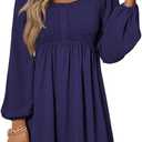 Dokotoo Women's 2025 Casual Dresses Smocked Crewneck Button Up Long Sleeve Empire Waist A-Line Mini Dress, L