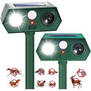2Pack Solar Ultrasonic Animal Repellent Outdoor Cat Solar Animal Repeller with Motion Sensor&LED Flashlight Deer Repellent Devices to Scare Raccon Fox Rabbit Squirrel Skunk Repellent for Yard