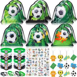 Winrayk 12 Sets Soccer Party Favors Sports Birthday Supplies, Drawstring Bag Silicone Bracelet Keychain Tattoo Sticker, Goodie Stuffer Pinata Filler Teen Kids Boys Soccer Birthday Party Decorations