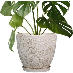 MPotTo Ceramic Planter 8 Inch Plant Pot with Drainage Hole and Saucer Ceramic Pots for Indoor Plants Outdoor Large Flower Pot for Home Decor White