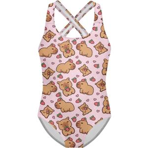 One Piece Swimsuit for Girls Kids Quick Dry Bathing Suit with Crossback Strap Summer Beach Swimwear Size 5T-14 (11-12 Years, Capybara Strawberry)