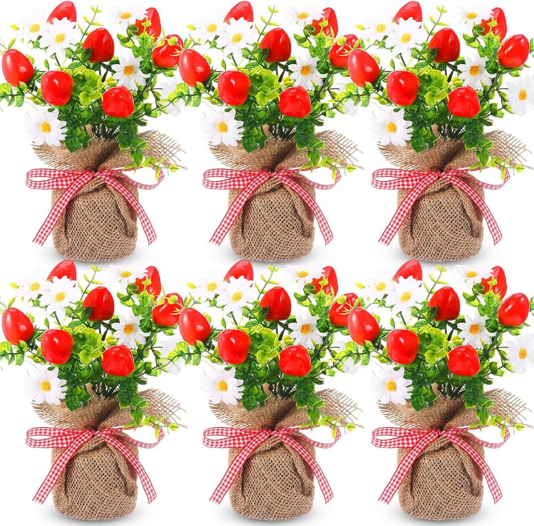 Zeyune 6 Pack Small Strawberry Tables Centerpieces Decoration, Summer Fake Artificial Potted Plastic Flower Plants Rustic Faux Plant in Burlap Vase for Summer Party Home Office Kitchen Indoor Outdoor